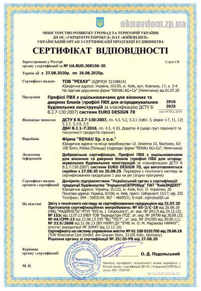 Сертификат REHAU EuroDesign 70 Польша
